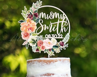 Personalized Tropical Wedding Cake Topper, Mr and Mrs Beach Wedding Cake Topper, Engagement Cake Tag, Watercolor Cake Decoration