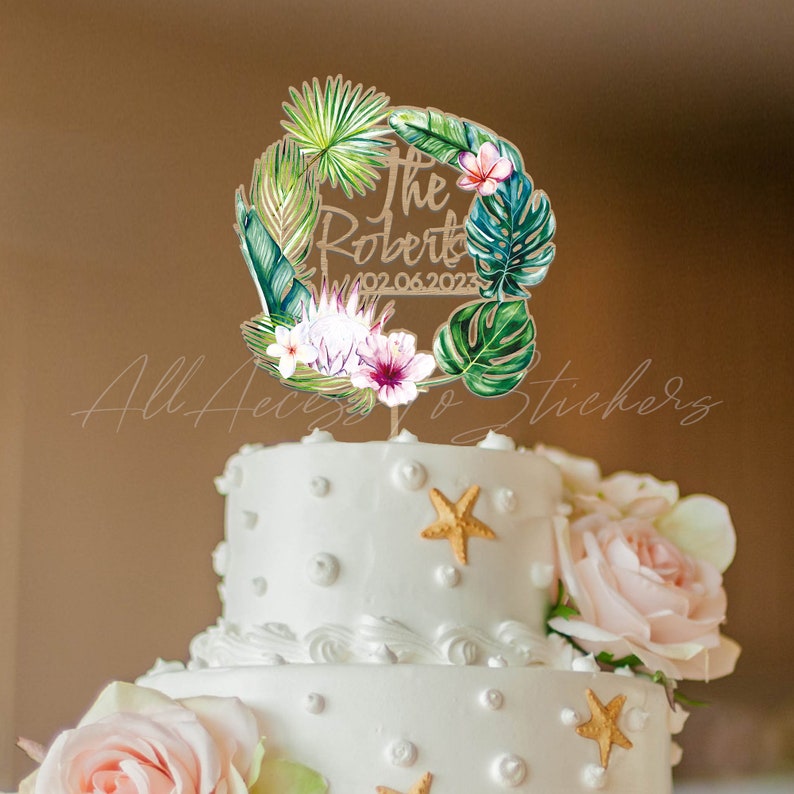 Tropical Wedding Cake Topper, Macrame Leaf Cake Topper, Custom Last Name Cake Sign, Boho Cake Topper, Themed Beach Wedding Decor image 9