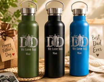Botella de agua personalizada para papá, regalo del Día del Padre de parte de los hijos, botella de acero inoxidable con nombre personalizado, vaso grabado "Te queremos, papá".