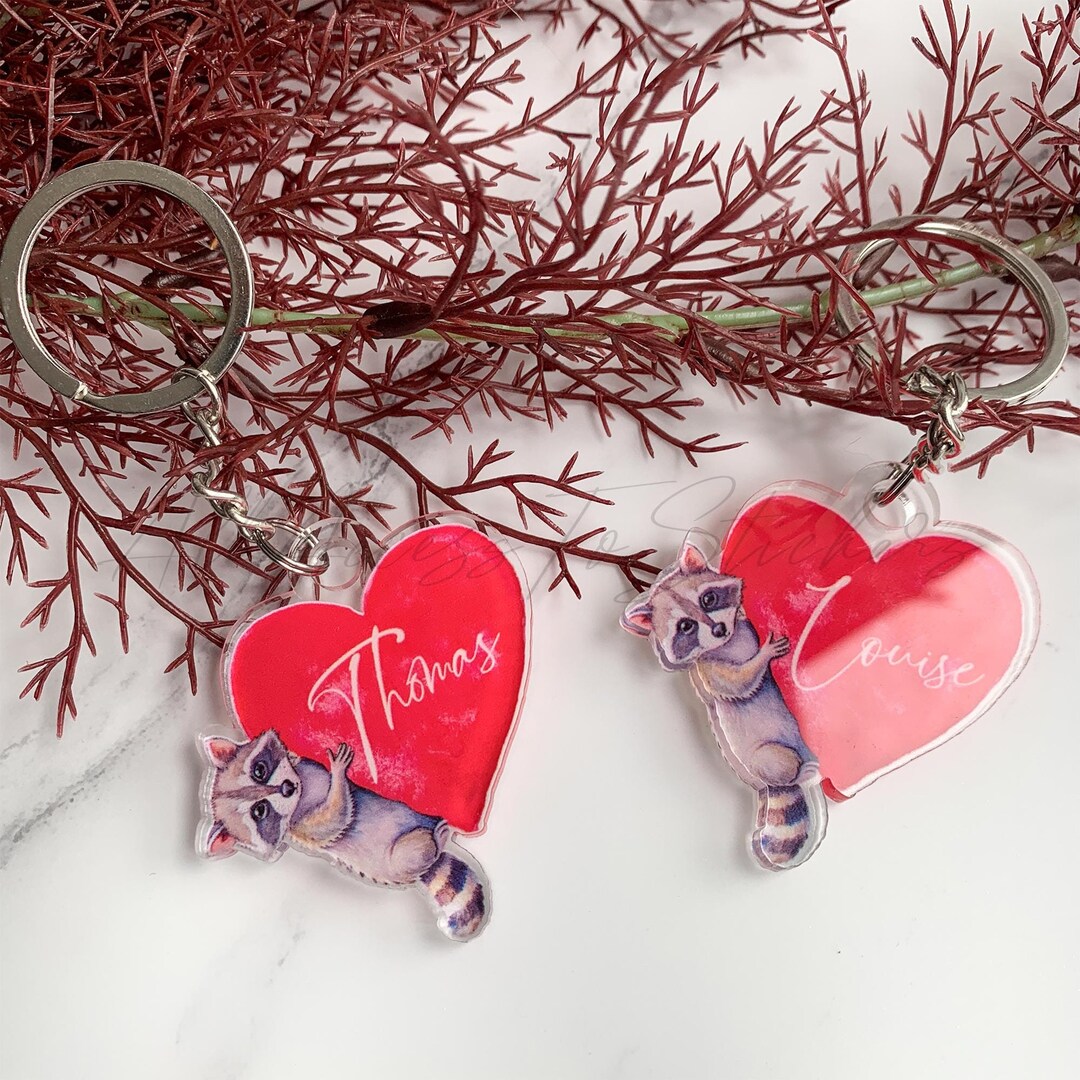 Retro Raccoon Acrylic Keychain, Cute Animal With Heart Key Fob, Nature ...