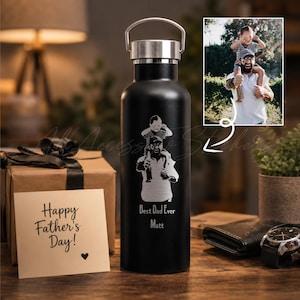 Custom Photo Engraved Water Bottle, Personalized Father's Day Gift, Stainless Steel Tumbler from Kids, Best Dad Ever Bottle