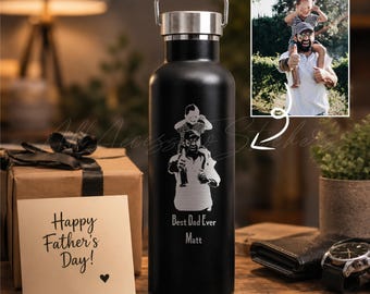 Custom Photo Engraved Water Bottle, Personalized Father's Day Gift, Stainless Steel Tumbler from Kids, Best Dad Ever Bottle