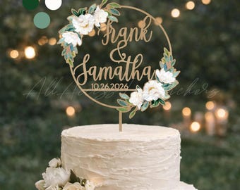 Personalized Garden Wedding Cake Topper, Floral Cake Topper with Names & Date, Elegant Wedding Keepsake