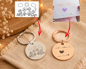 Personalized Kids Drawing Keychain, Father's Day Gift, Custom Child Artwork Engraved Keyring, Handwriting Keychain for Mom Dad Grandma
