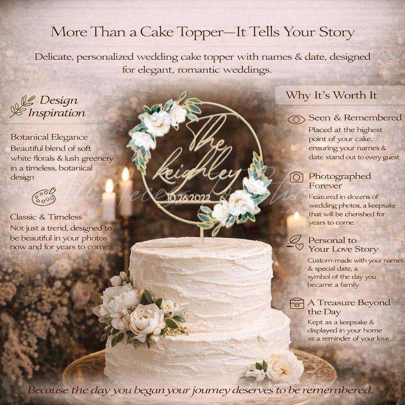 May include: A two-tiered wedding cake with white frosting, adorned with white floral accents. A circular cake topper with the name "Keighley" and the date "10.26.2022" is placed on top. The cake is designed for elegant, romantic weddings.