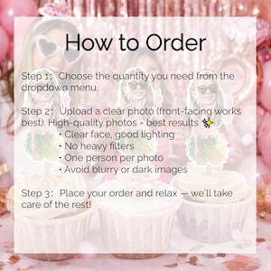 May include: An instructional graphic titled How to Order with three steps for custom cupcake toppers. It features three cupcakes topped with personalized cutouts of a person wearing sunglasses and a hula skirt, set against a pink party background.