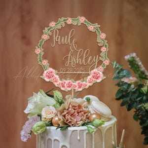Watercolor Pink Rose Wedding Cake Topper: Wooden Anniversary Decor, 25th Wedding Keepsake