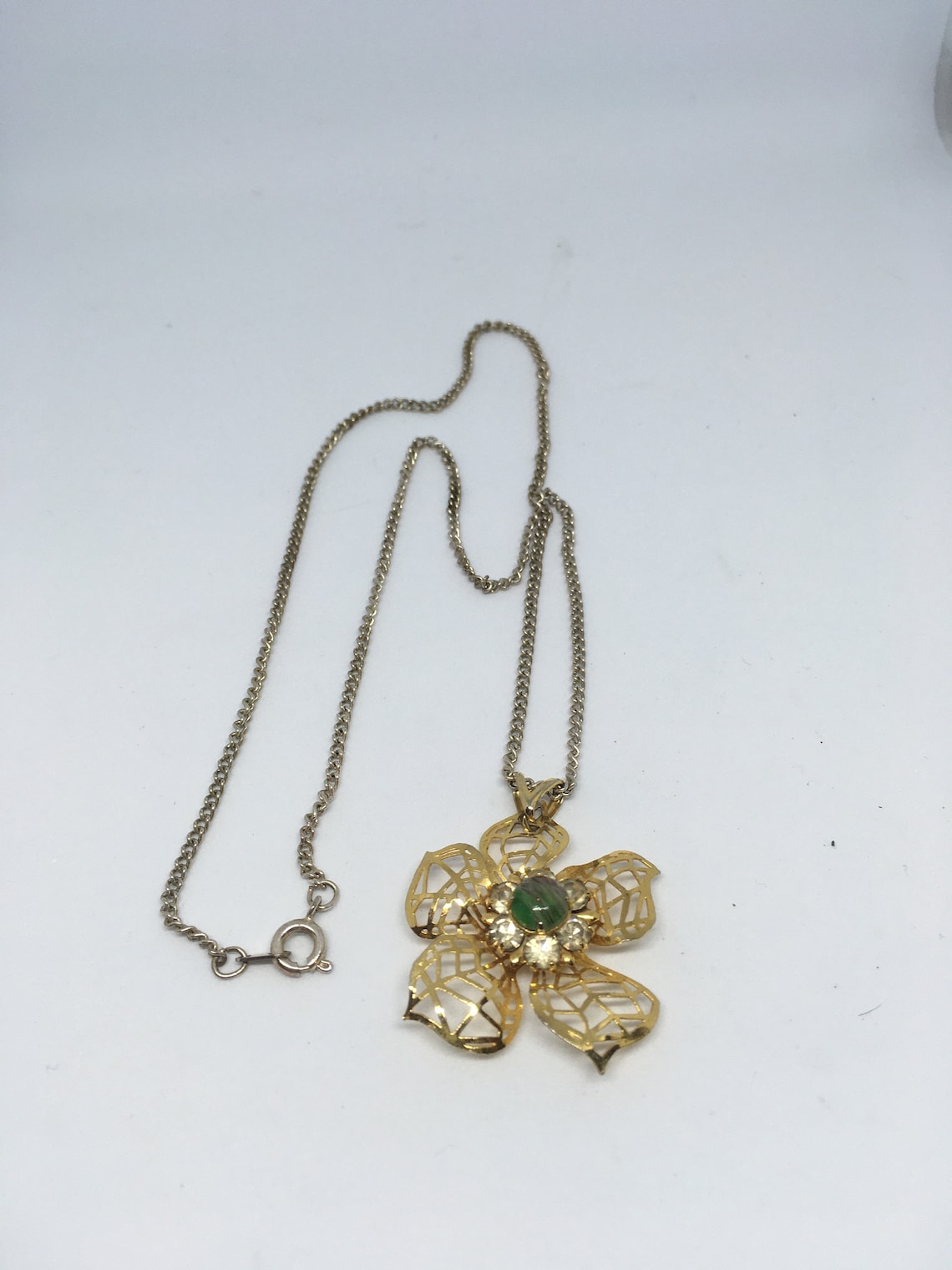 Vintage Flower Pendant Necklace With Central Green Stone and Etsy Ireland