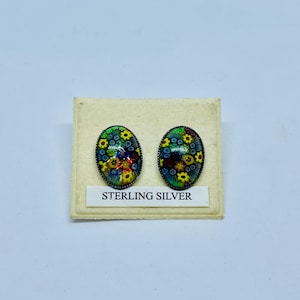 Sterling Silver Millefiori Murano Glass Stud Earrings, Vintage,