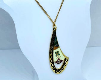 Vintage Gold Tone Cloisonné Pendant Necklace, Butterfly & Flower, 1970s Bohemian Chic