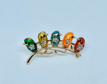 Enamel Birds Brooch: Rhinestone Gold Tone Outfit Accessory