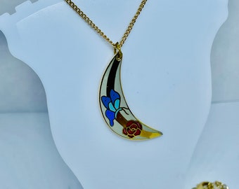 Vintage Cloisonné Crescent Pendant Necklace: Butterfly & Rose, Bohemian Chic
