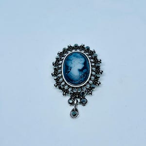 Vintage Cameo Silver Tone and Black Rhinestones Brooch,  Georgian Brooch, Victorian Brooch,