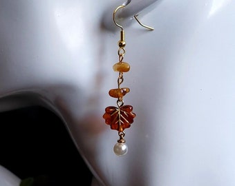 Autumn Leaf Dangle Earrings, Citrine and Faux Pearl, Gold Plated