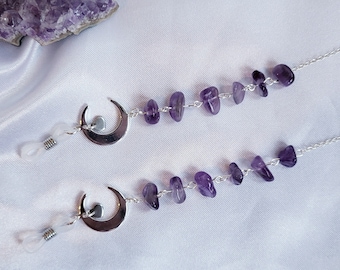 Amethyst Crystal Glasses Chain: Silver Moon Charm, Gothic Witchy Accessory