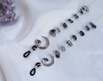 Black Rutilated Quartz Glasses Chain, Silver Moon, Witchy Jewelry