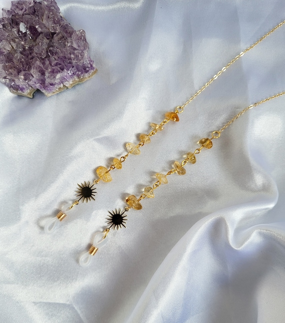 Crystal glasses chain, Citrine jewellery, gold glasses holder, witch gifts for them, Gothic gifts for her,  Birthday gift for mum