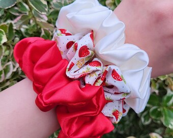 Satin scrunchie set, strawberry hair accessories, Hair tie for girls, ponytail holder, Birthday gift for teens, gift for her