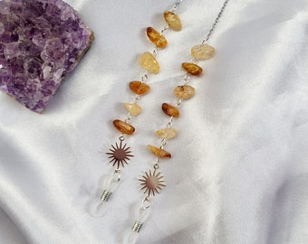 Citrine Crystal Glasses Chain, Silver Sunglasses Holder, Sun Charm