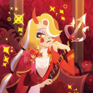 Peut inclure: Illustration d'un personnage en costume rouge avec des accents dorés, un col blanc à volants et une broche en forme de cœur. Le personnage a des cheveux blonds, des cornes rouges et un trident. Le fond est rouge foncé avec des accents en forme d'étoile. Le texte comprend "@Lemonjuiceday Instagram//threads// Facebook".