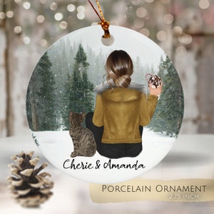 Girl with her cat on the forest | Cat walk in the snowfall | Snowflakes | Christmas ornament for catlovers | Snowflakes and forest | Catlove