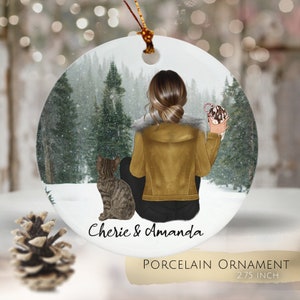 Personalized Cat Christmas Ornament: Girl and Cat in Snowy Forest