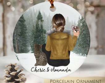 Personalized Cat Christmas Ornament: Girl and Cat in Snowy Forest