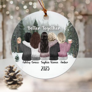 5 Friends Art Porcelain Ornament | 5 Best Friends Design Christmas gift Five Besties facing away 5 girls sitting in the snowy landscape 2025