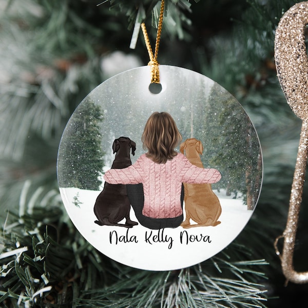 Ornament for Doglovers Girl with 2 Dogs Girl with her dogs on the forest Dog walk in the snowfall Snowflakes with Dogs Christmas ornament