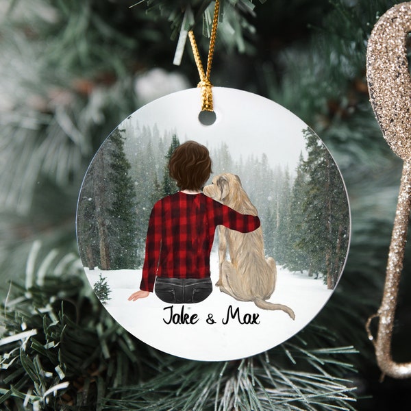 Winter Ornament Boy and Dog Ornament Christmas Ornament Doglovers gift Boy with his dog Snowfall Snowflakes Snowflakes and forest