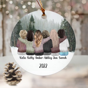 6 Friends Design Porcelain Ornament | 6 Best Friends Christmas gift | Six Besties facing away | 6 Girls sitting in the snowy landscape