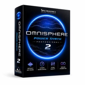 May include: A black rectangular software box for Omnisphere 2 Power Synth by Spectrasonics. The front features a glowing blue sphere graphic, the product name, and four icons with text: Virtually Any Sound, Ultimate Sound Control, Studio Quality, and Endless Possibilities.