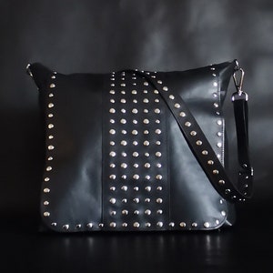 Large messenger bag leather, Black bag with studded flap, Oversized crossbody bag, Crossover bag with adjustable strap, Gift for best friend image 3