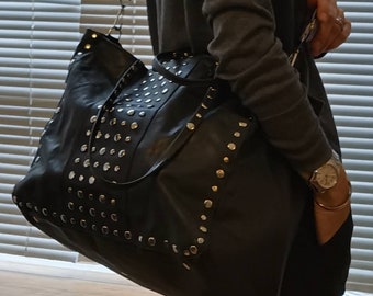 Extra large tote bag studs black leather, Alternative fashion bag, Unique bags designs, Handmade handbag, Edgy leather purse, Biker chic bag