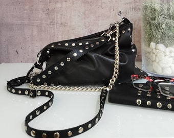 Black leather purse, Handbag with studs, Sleek black leather, Unique studded bag, Leather purse gift, Fashionable birthday treat for women