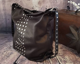 Convertible backpack purse leather, Black tote studded convertible bag, Shoulder women leather bag, Gothic backpack purse, Tote zippered bag