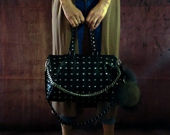 Studded leather duffel bag with chains, Handbag with zipper, Large bag studs, Handmade crossbody bag, Designer messenger bag, Exclusive bag