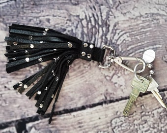Leather keychain with hook, with tassel, with studs, Purse charm, Fringe tassel key ring fob, Fringe keychain, Studded keychain, Fringe Key