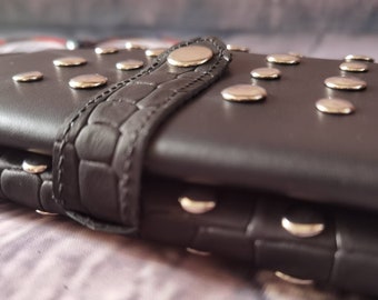 Studded black Leather Wallet, Checkbook Holder, Large Woman Wallet, Credit Card Wallet, Leather Card Holder, Document Holder, Long  Wallet
