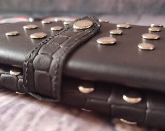 Cartera de piel negra con tachuelas, tarjetero, cartera grande para mujer, tarjetero de piel, tarjetero, cartera larga