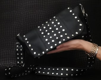 Studded leather bag, Crossbody bag with studs, Shoulder bag leather, flap handbag for women, Messenger bag with guitar strap Small purse bag