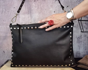 Sophisticated black leather clutch with studs, Stylish leather handbag, Chic leather bag gift for her, Edgy birthday gift Trendy rock-themed