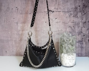 Black studded handbag, Edgy black leather, Trendy studded purse, Modern studded bag, Leather crossbody purse, Elegant leather clutch gift