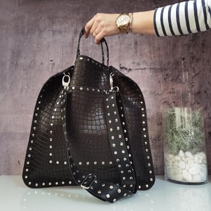 Leather shopper bag with studs, Animal print leather tote, Black gothic chic crossbody bag, Studded shoulder bag, Rock Gift for biker women image 1