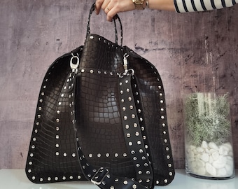 Leather shopper bag with studs, Animal print leather tote, Black gothic chic crossbody bag, Studded shoulder bag, Rock Gift for biker women