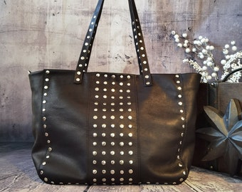 Large Black Leather Tote Bag with Studs • Artisan Rock Style Shopper
