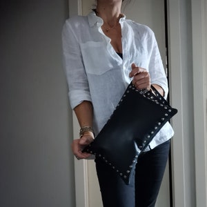 Black leather shoulder bag with studs and zipper, Black lined handbag with inside pocket, Dark art studded leather, Give a rock bag to woman