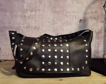 Studded black small Leather Bag, Shoulder holster bag, dark leather crossbody bag studded, women gothic handbag adjustable strap with studs