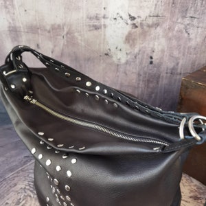 Convertible backpack purse leather, Black tote studded convertible bag, Shoulder women leather bag, Gothic backpack purse, Tote zippered bag image 7