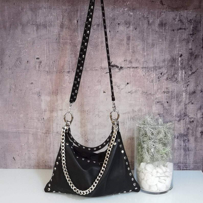 Black leather bag with zipper, Studded leather bag, Black shoulder bag, Rocker style women, Slouch leather bag, Leather crossbody bag chains image 3